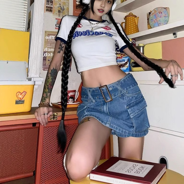 Y2Kファッション ストリート風ロゴプリントクロップド丈Tシャツ