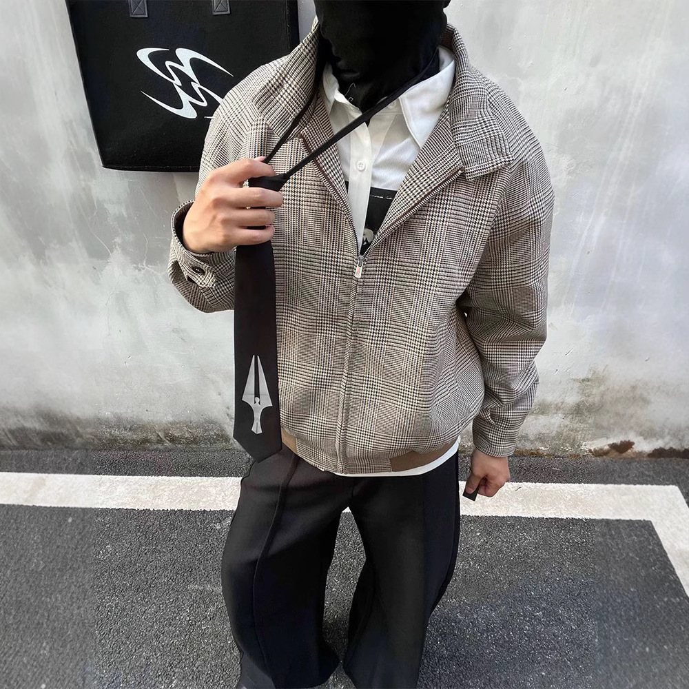 Y2Kファッション レトロ千鳥格子ハリントンジャケット