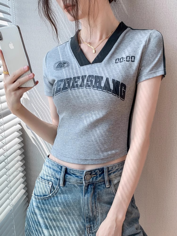 Y2Kファッション ロゴプリント細身クロップド半袖Tシャツ