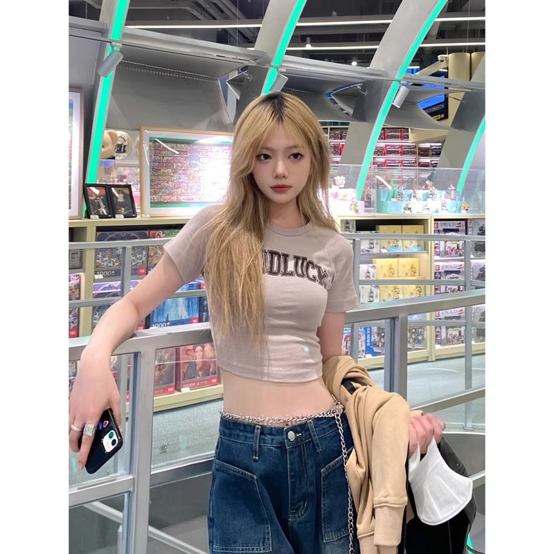 Y2Kファッション ロゴプリント クロップド丈Tシャツ