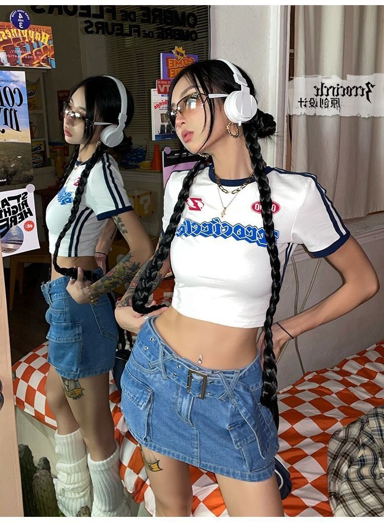 Y2Kファッション レトロスポーティーショート丈半袖トップス