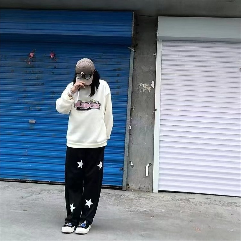 Y2Kファッション 星柄ワイドストレートパンツ