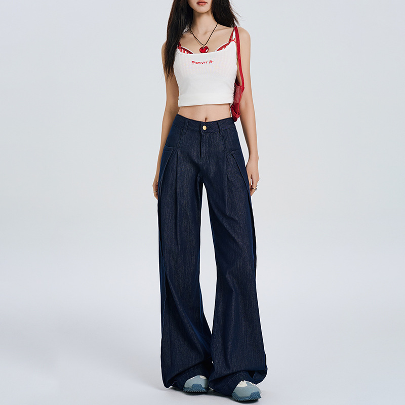 Y2Kファッション レトロ風ハイウエストワイドデニムパンツ