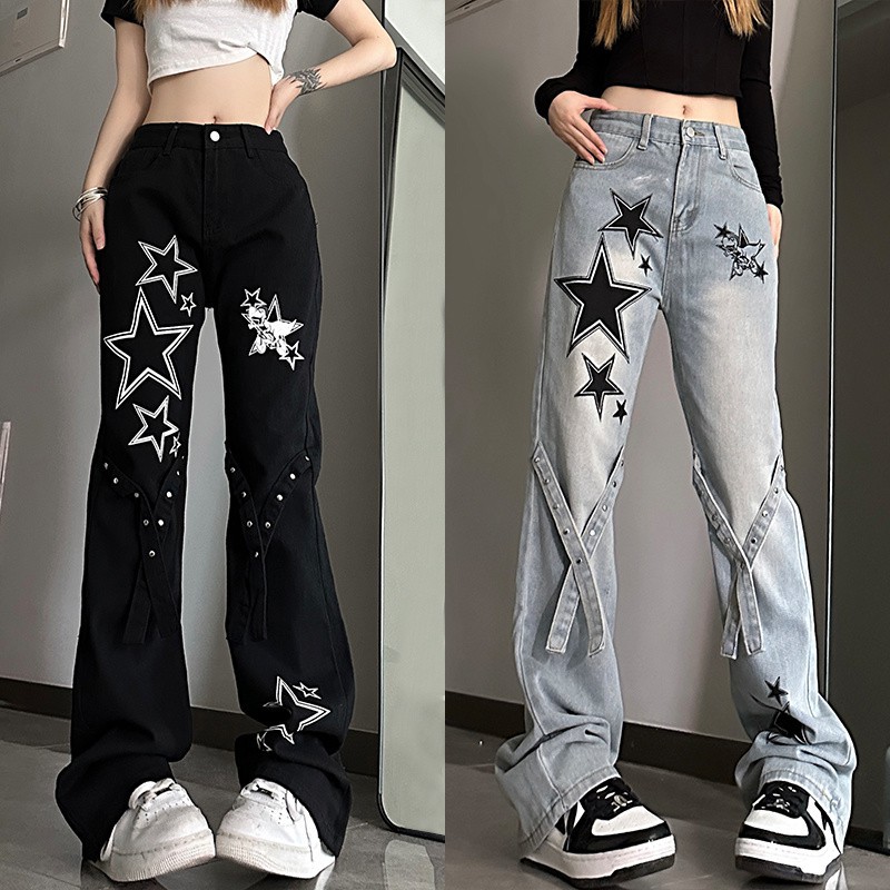 Y2Kファッション 星空刺繍デニムパンツ