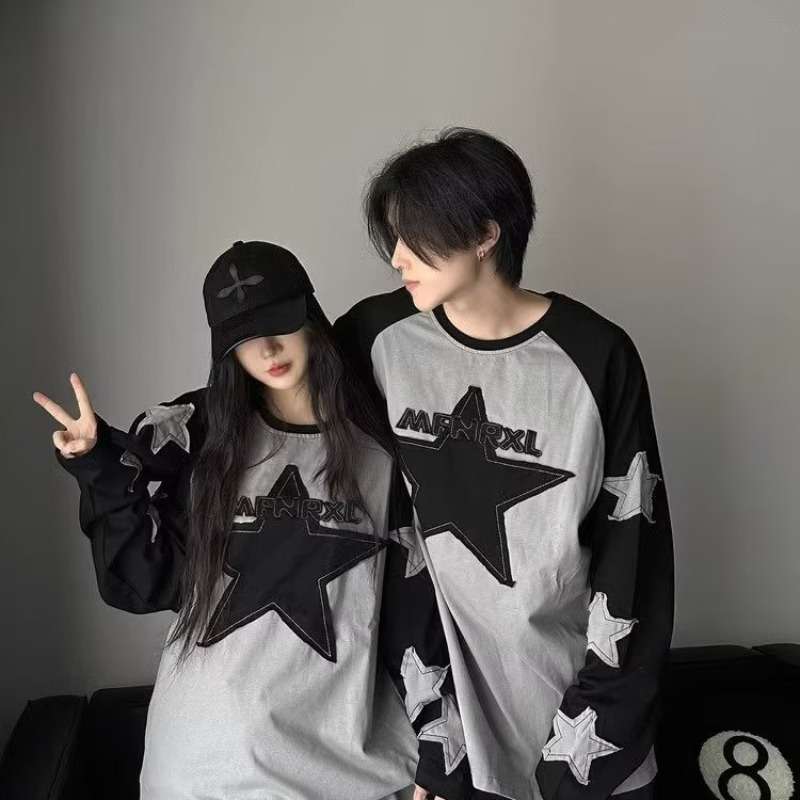 Y2Kファッション 星柄ビッグシルエットロングTシャツ