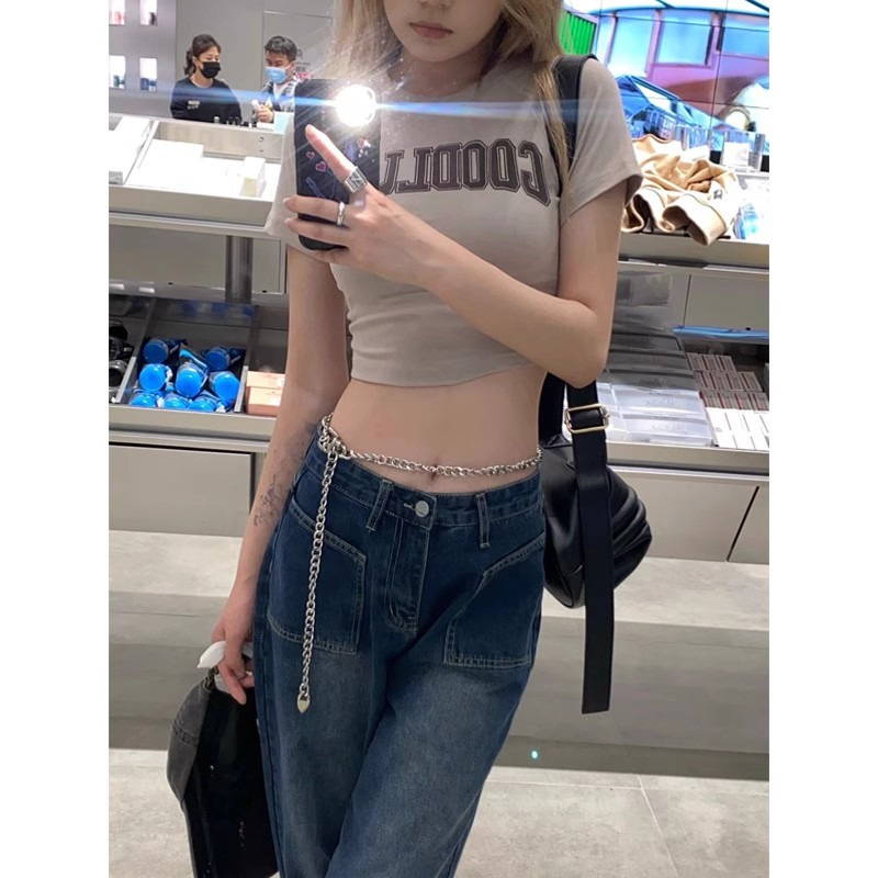 Y2Kファッション ロゴプリント クロップド丈Tシャツ