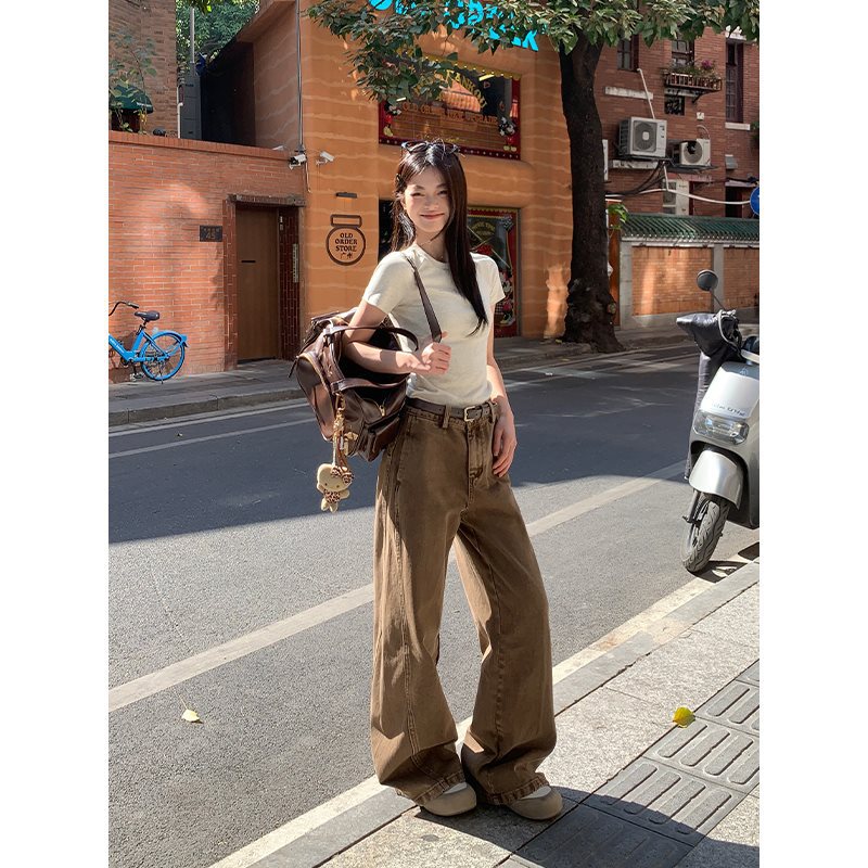 Y2Kファッション ハイウエストワイドデニムパンツ