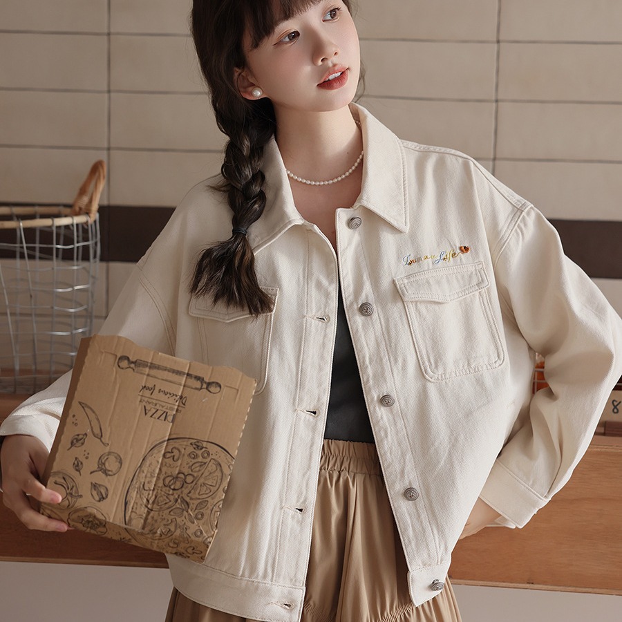 Y2Kファッション ゆるシルエット刺繍入りデニムジャケット