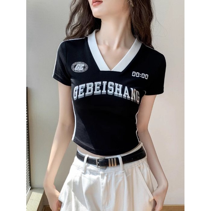 Y2Kファッション ロゴプリント細身クロップド半袖Tシャツ