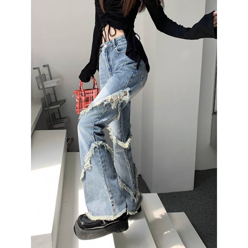 Y2Kファッション ダメージフレアデニムパンツ