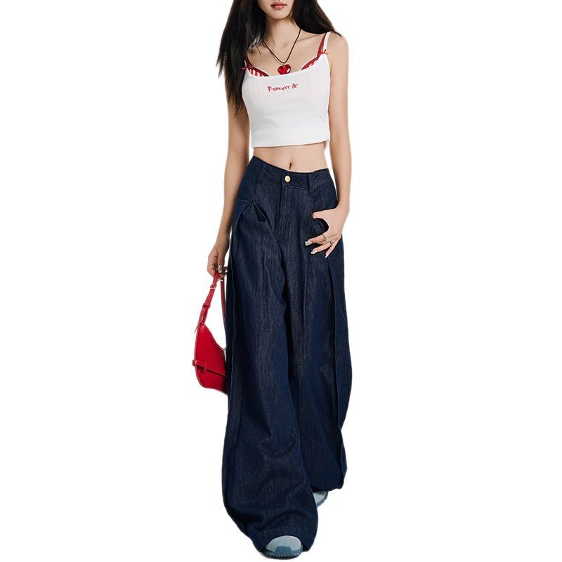 Y2Kファッション ハイウエスト薄手ワイドデニムパンツ