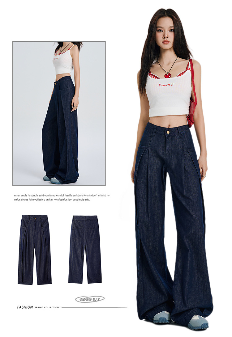 Y2Kファッション レトロ風ハイウエストワイドデニムパンツ