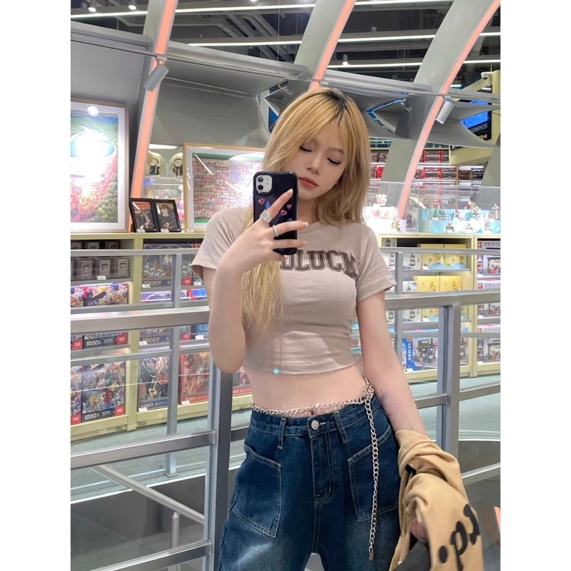Y2Kファッション ロゴプリント クロップド丈Tシャツ