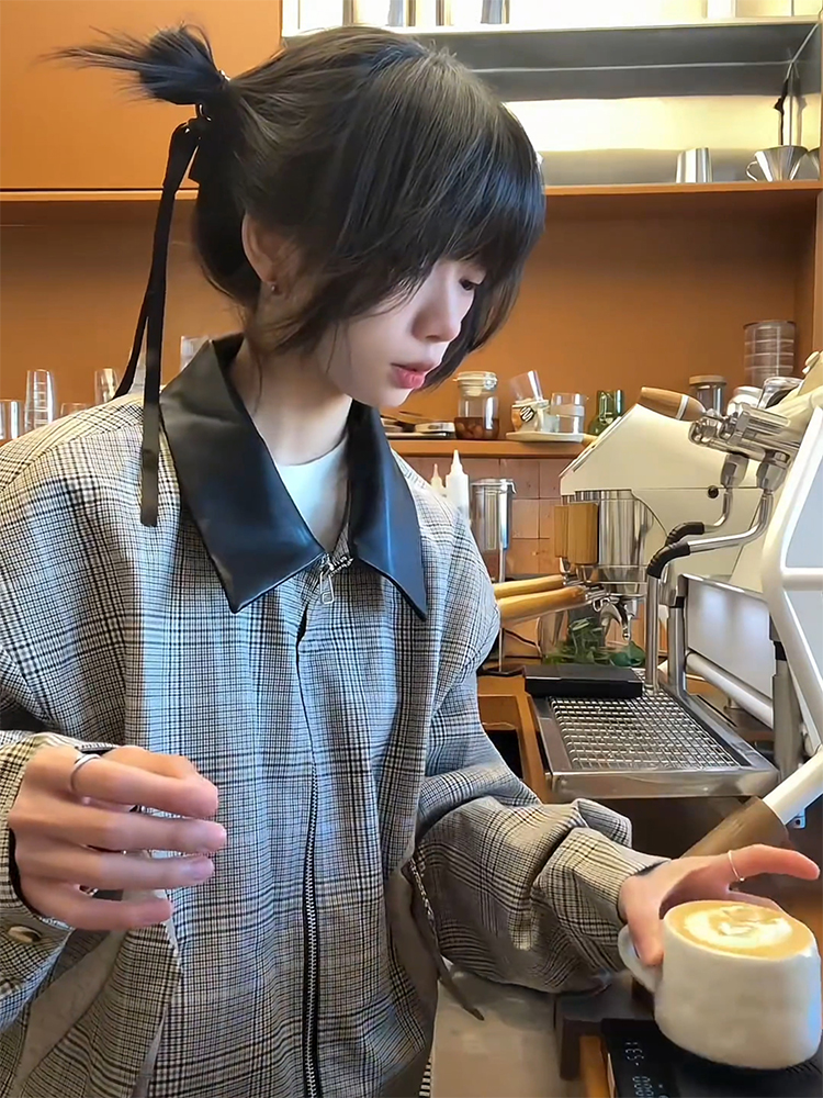 Y2Kファッション レトロチェック柄レザー襟ジャケット