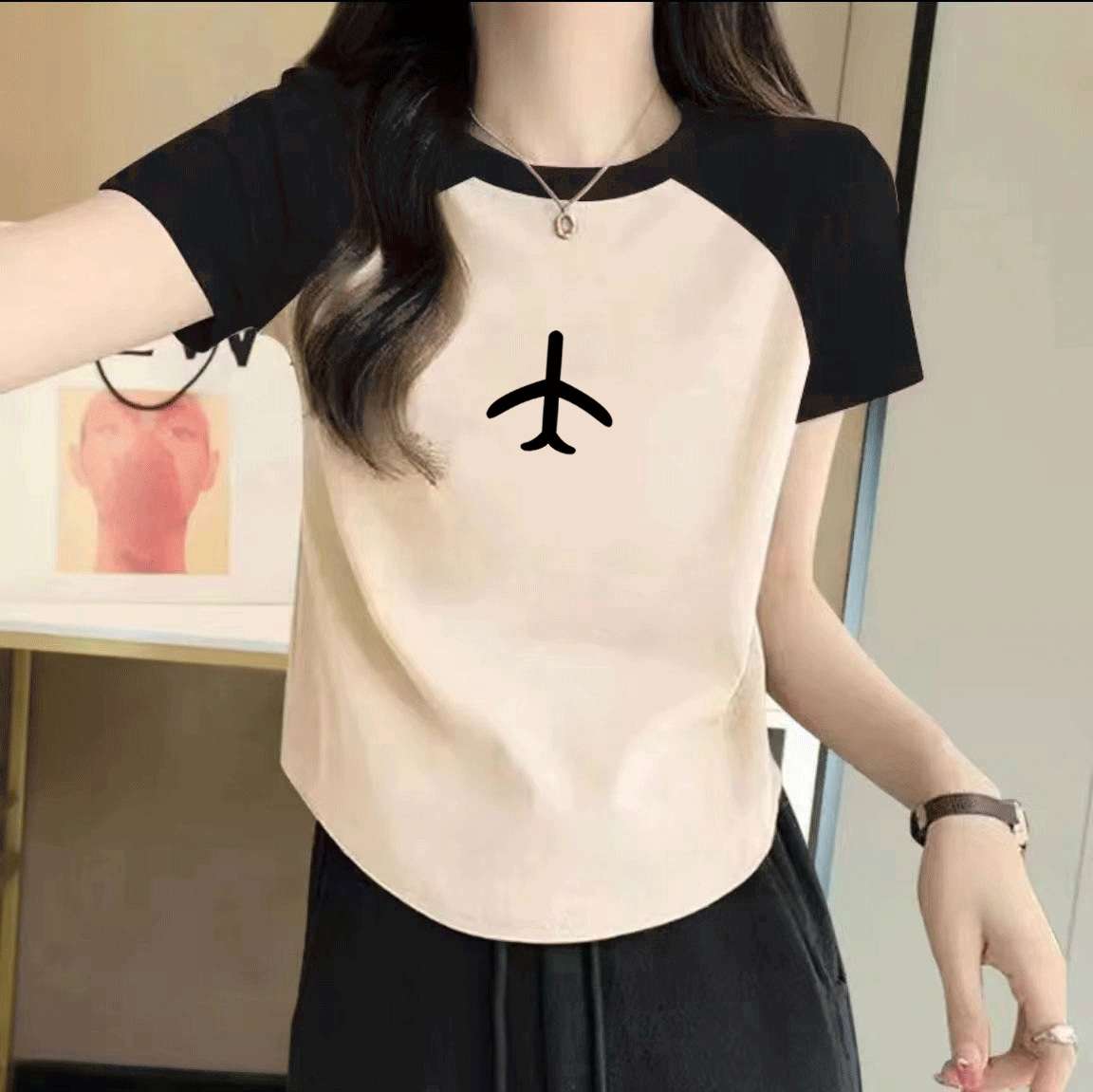 Y2Kファッション 飛行機刺繍ラグランTシャツ