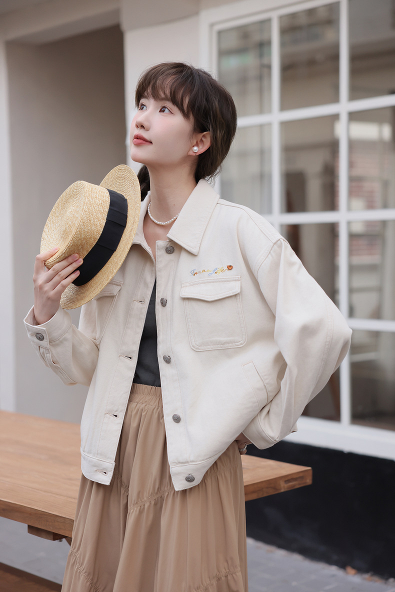 Y2Kファッション ゆるシルエット刺繍入りデニムジャケット