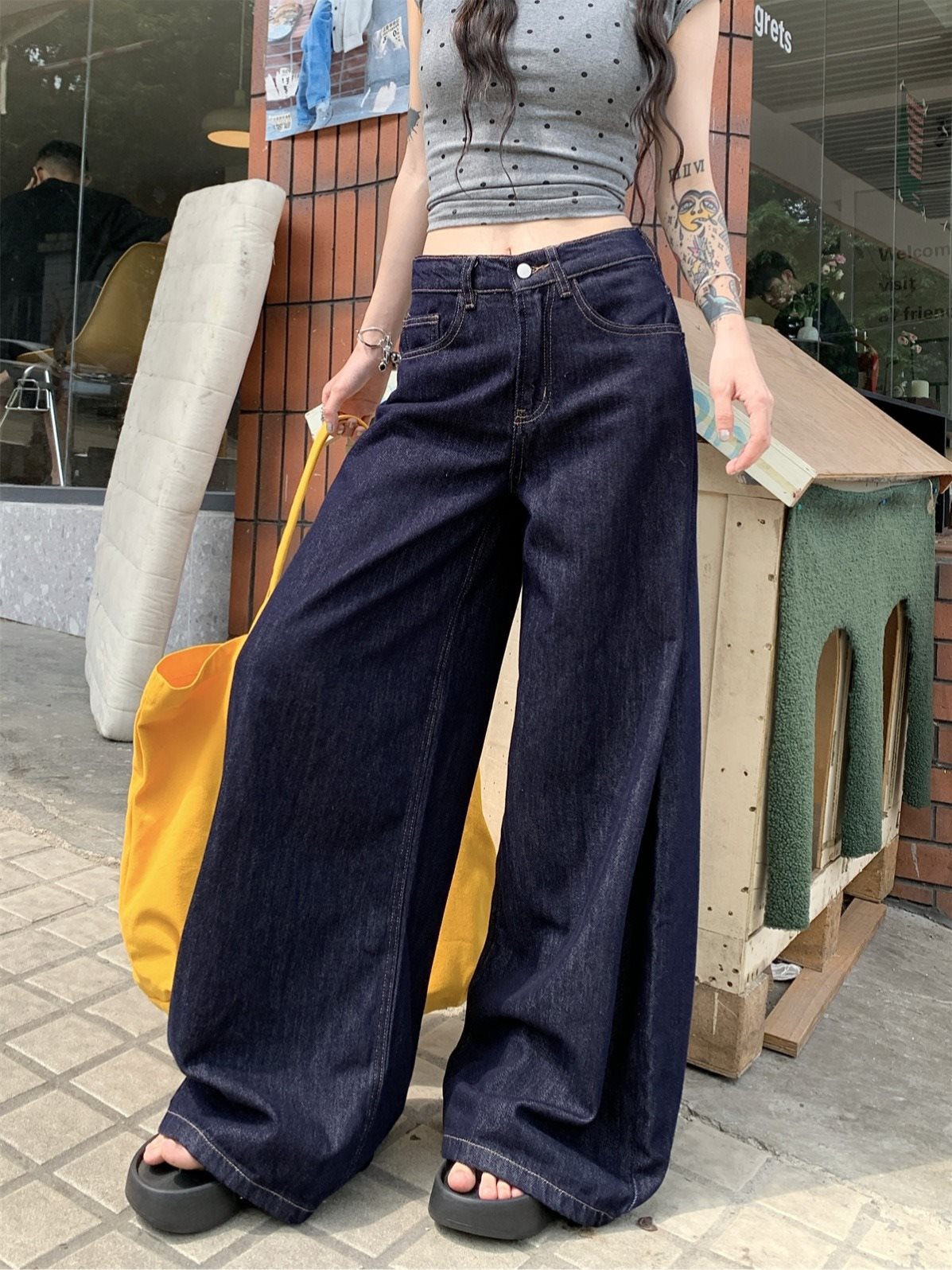 Y2Kファッション ハイウエストワイドデニムパンツ