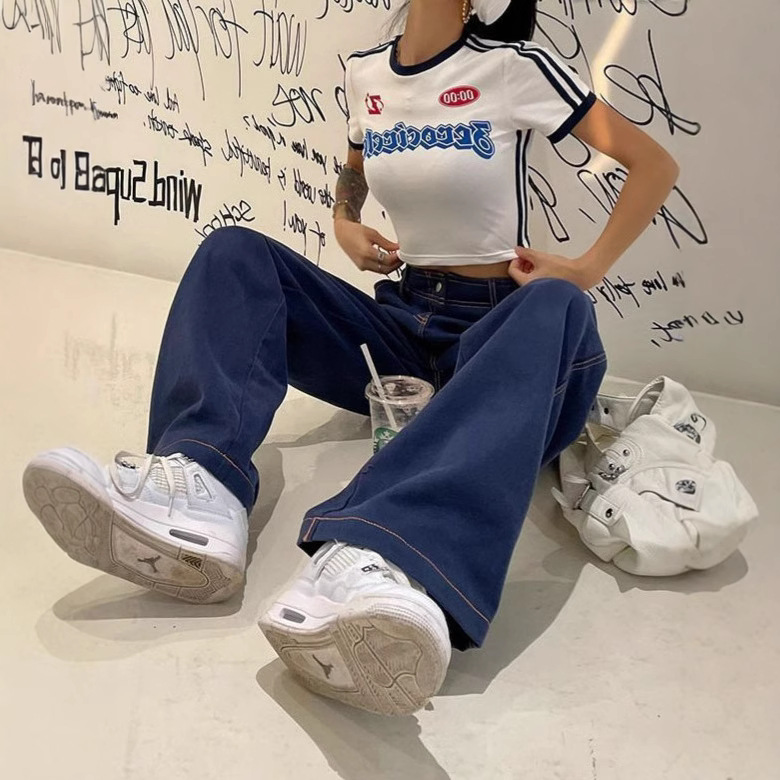 Y2Kファッション ストリート風ロゴプリントクロップド丈Tシャツ