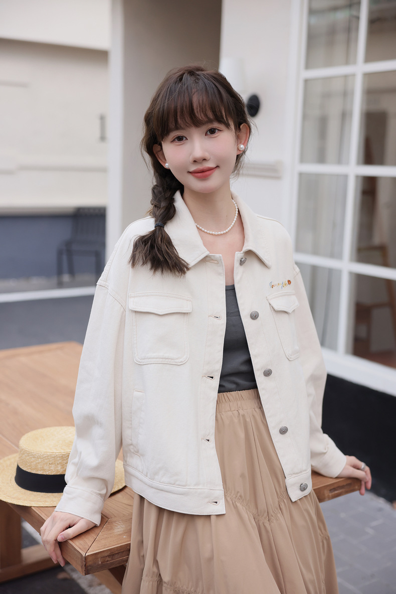 Y2Kファッション ゆるシルエット刺繍入りデニムジャケット