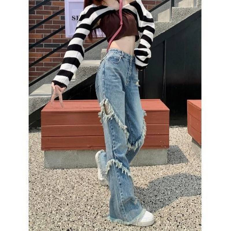 Y2Kファッション ダメージフレアデニムパンツ