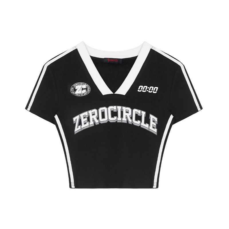 Y2Kファッション ストリート系クロップド丈Ｖネック半袖Ｔシャツ