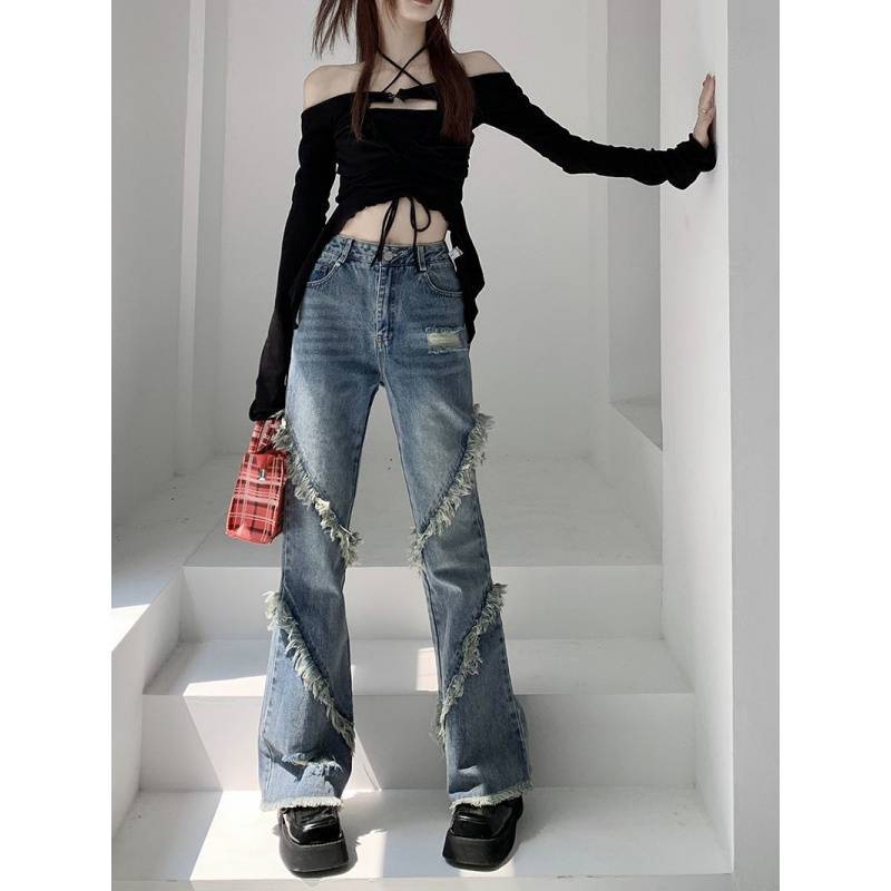 Y2Kファッション ダメージフレアデニムパンツ