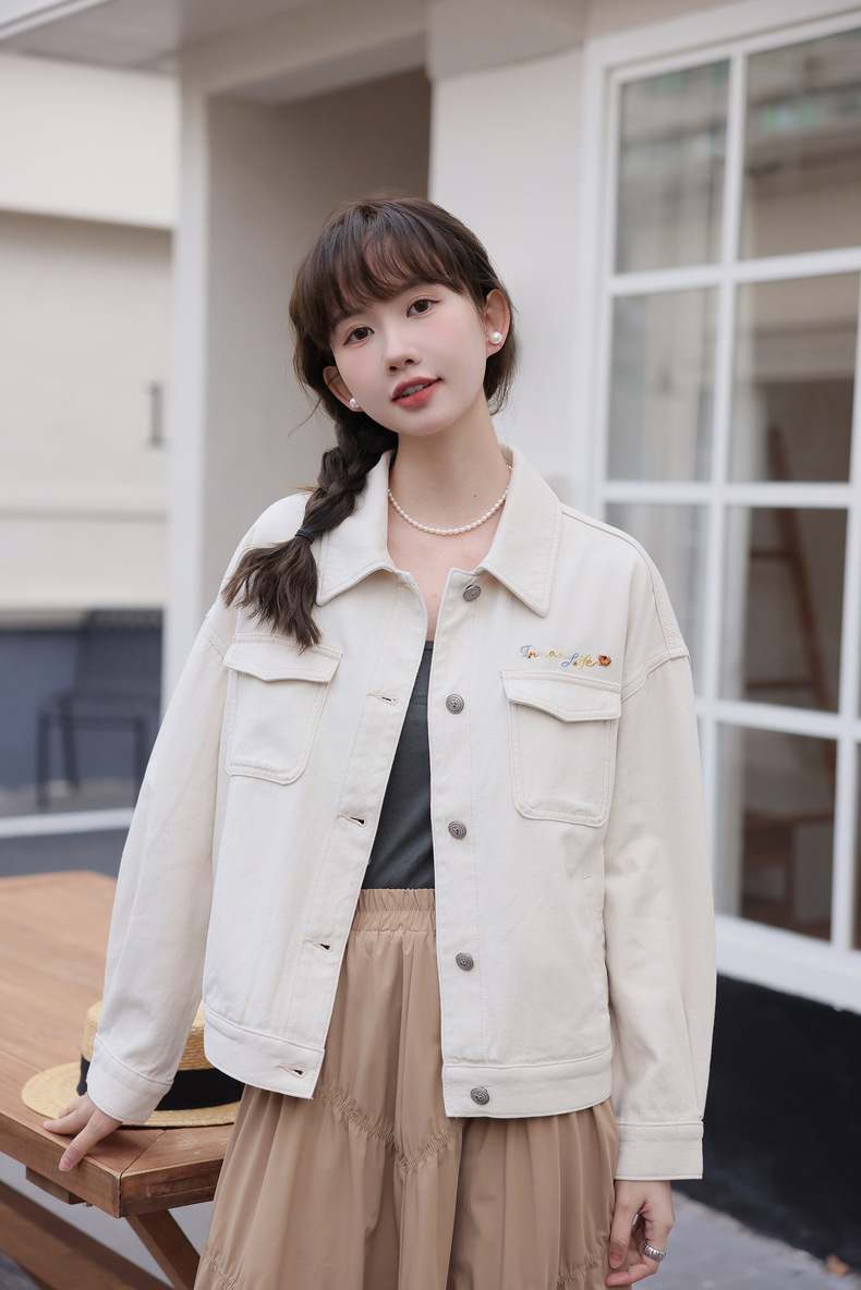 Y2Kファッション ゆるシルエット刺繍入りデニムジャケット