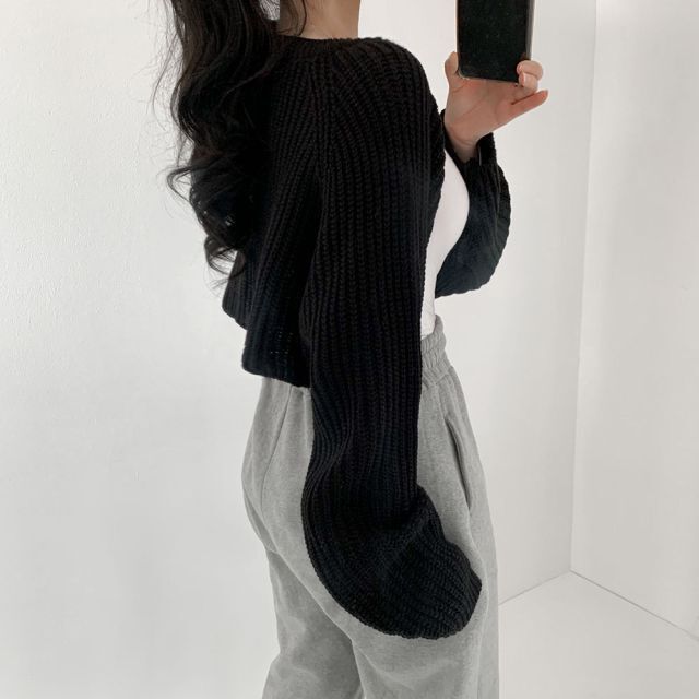 Y2Kファッション ショート丈ゆったり編みカーディガン
