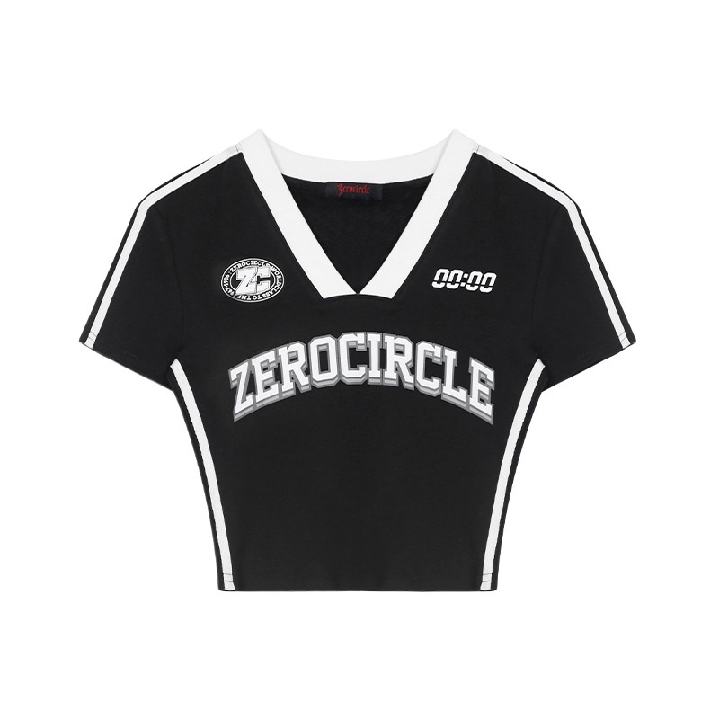 Y2Kファッション ストリート系クロップド丈Ｖネック半袖Ｔシャツ