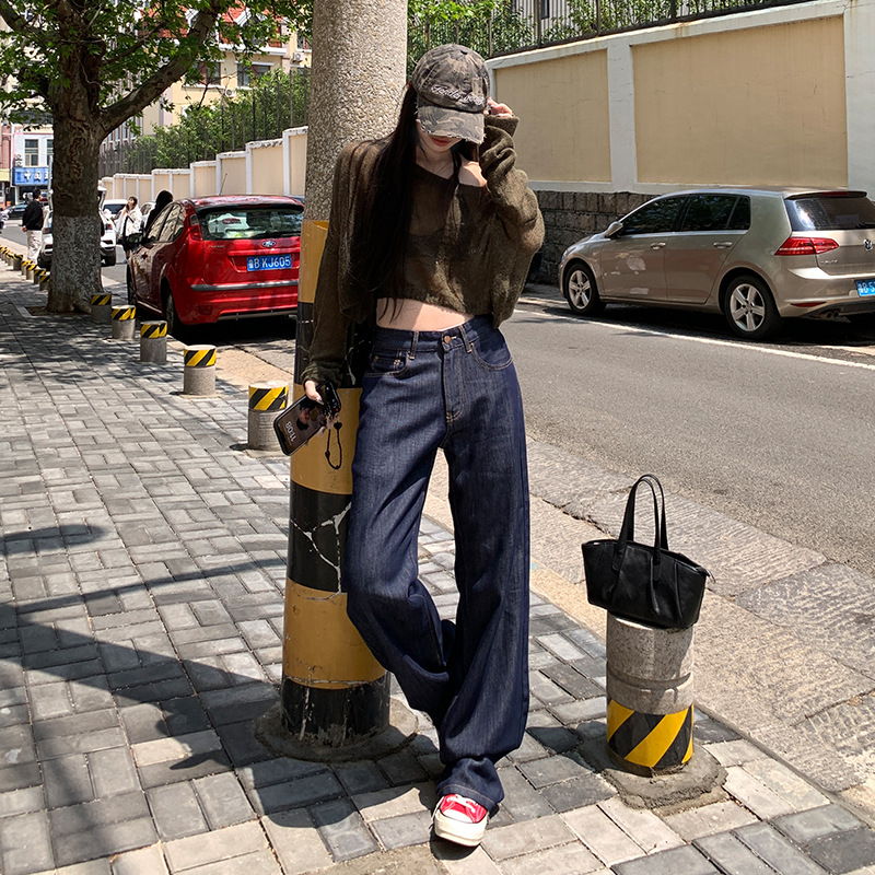Y2Kファッション ハイウエストストレートデニムパンツ
