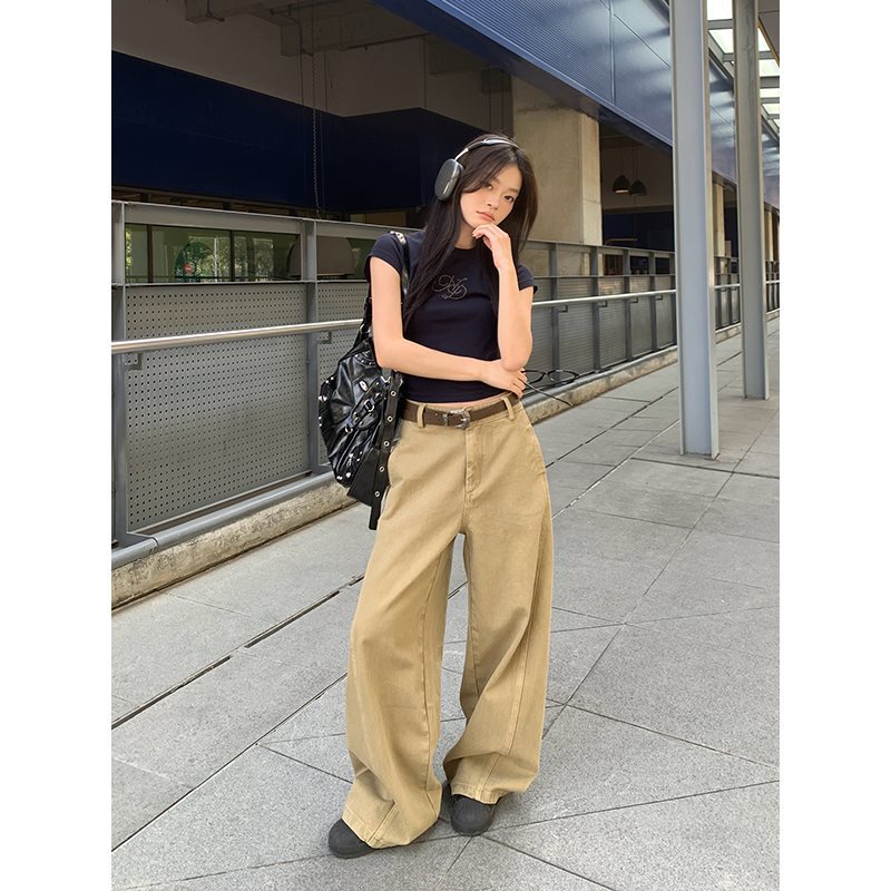 Y2Kファッション ハイウエストワイドデニムパンツ