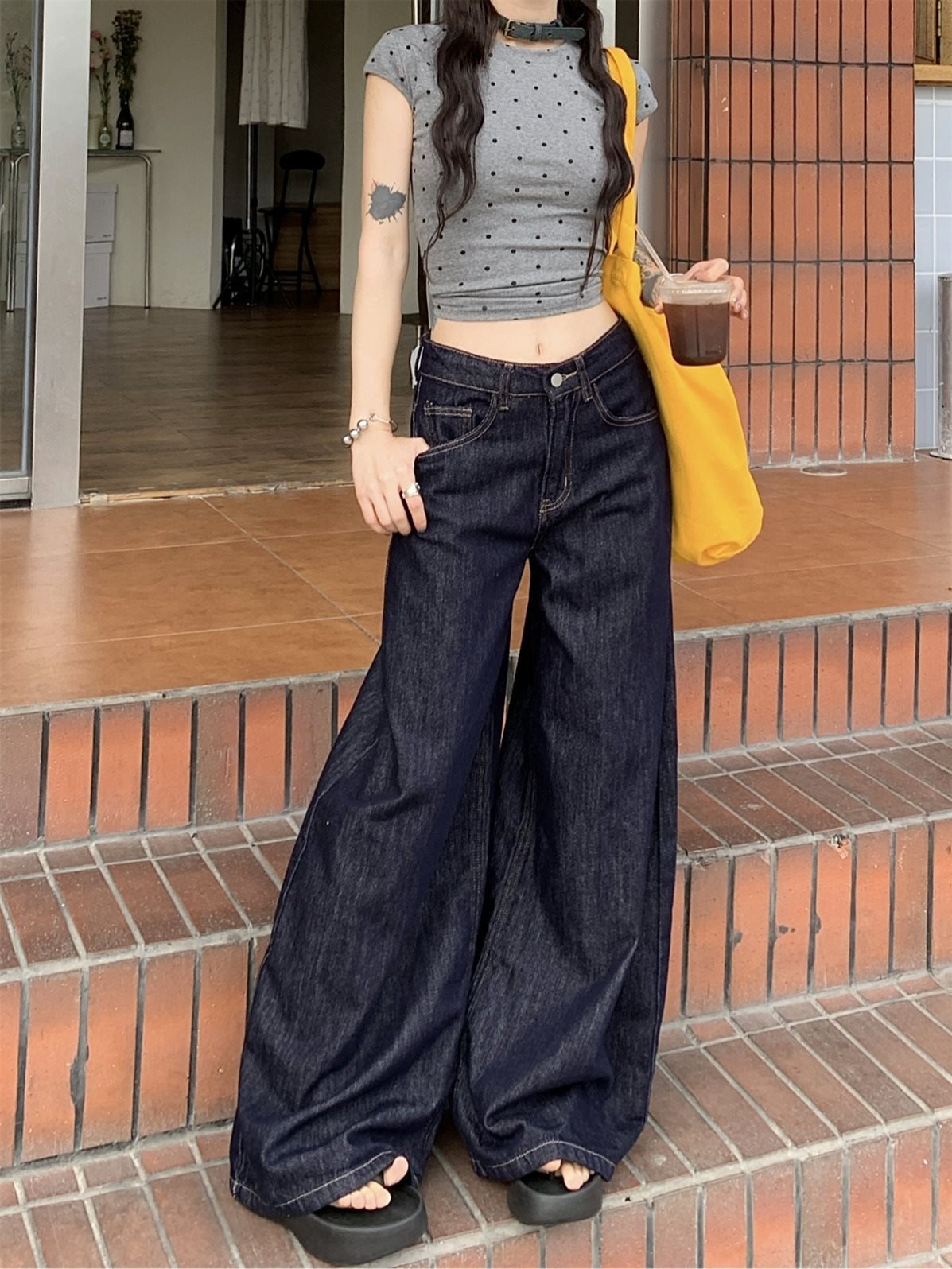 Y2Kファッション ハイウエストワイドデニムパンツ