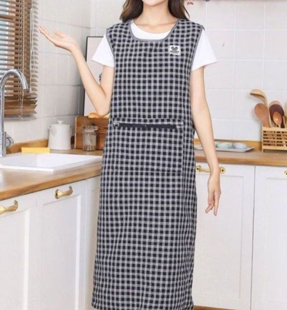 チェック柄ロング丈袖なしおしゃれエプロン 