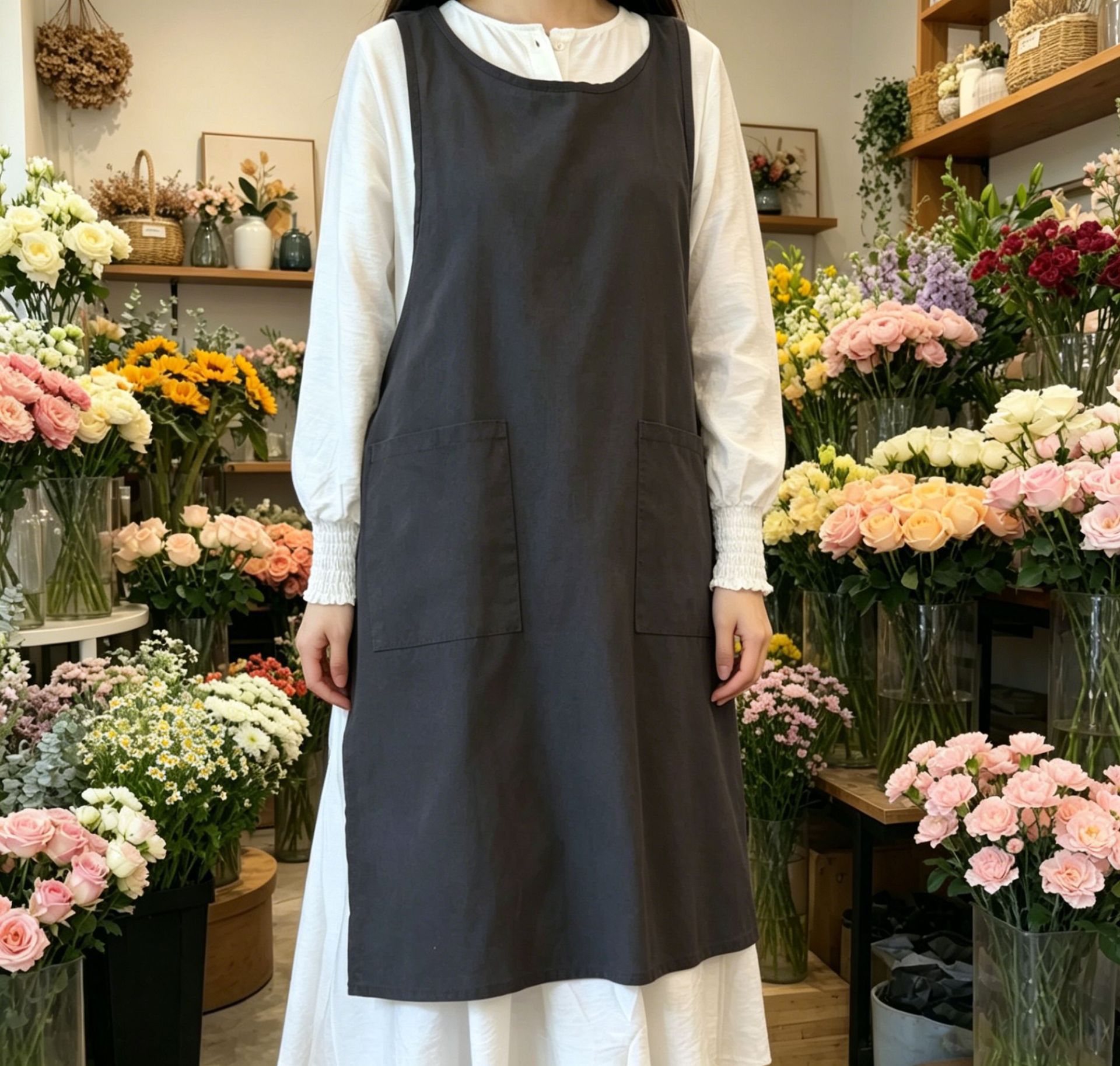 おしゃれエプロン 花咲く庭を彩るロング丈リボンエプロン