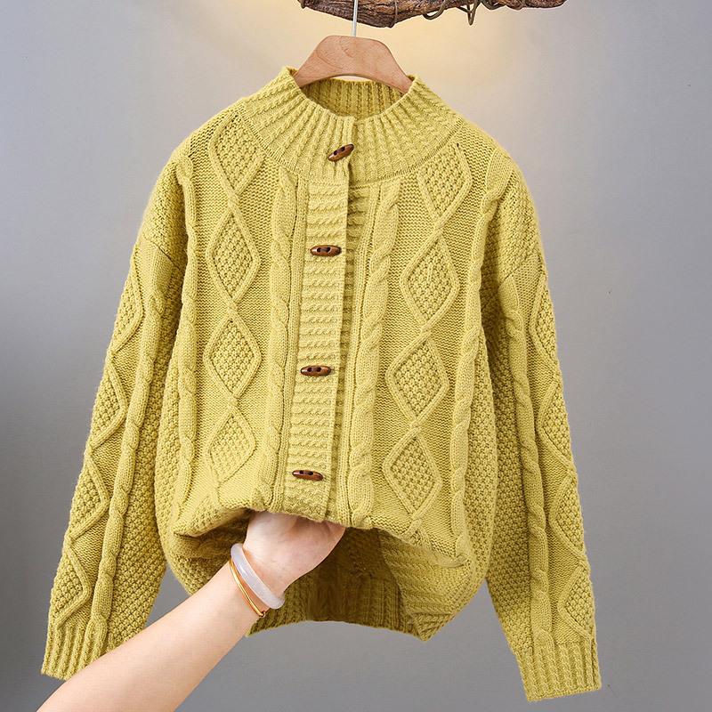 キッズファッション 立体ケーブル編みトグルボタンカーディガン