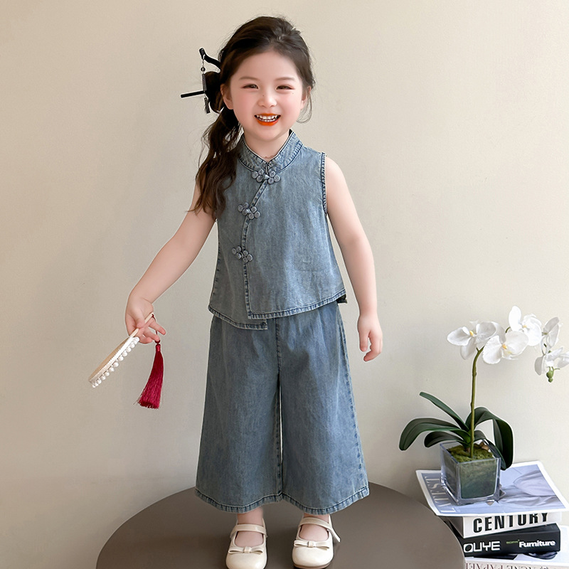 キッズファッション 女の子用デニム風チャイナ風上下セットアップ