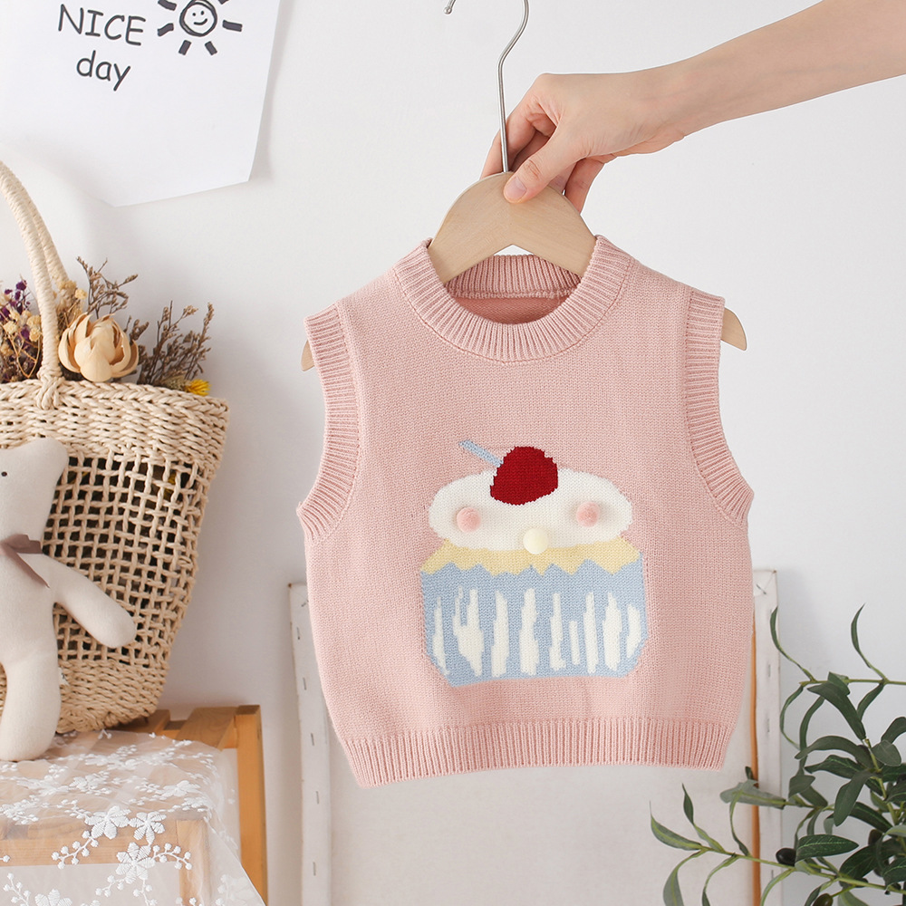 キッズファッション 甘いカップケーキ編み込み袖なしニットベスト