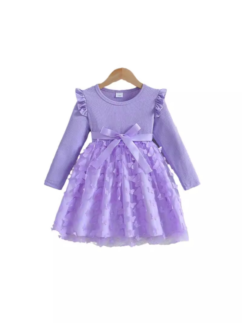 キッズファッション 花びら刺繍チュールの長袖プリンセスドレス