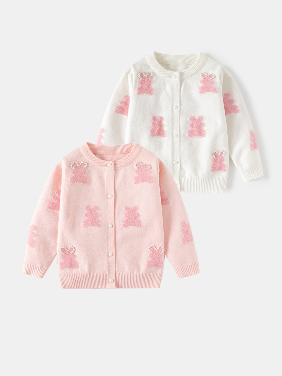 キッズファッション ウサギ刺繍パール付き丸襟ニットカーディガン