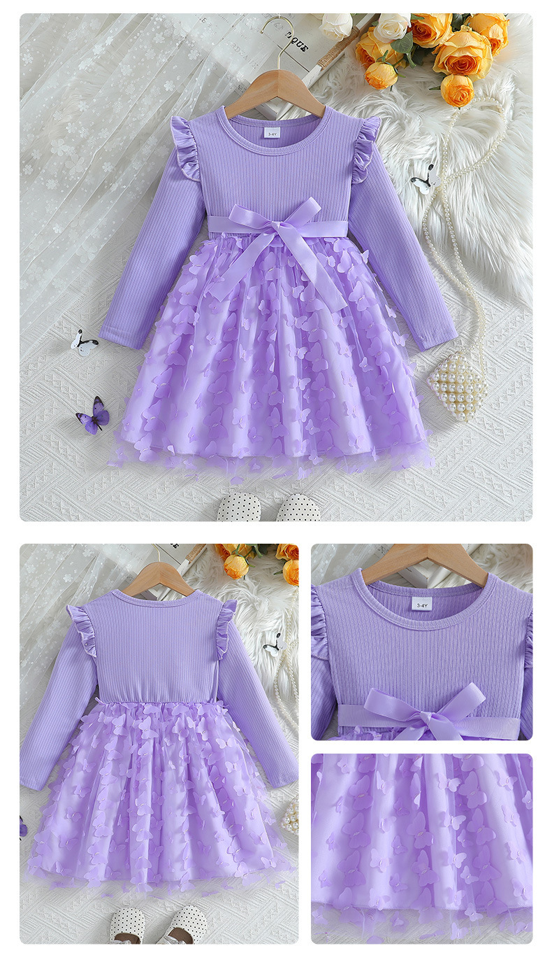 キッズファッション 花びら刺繍チュールの長袖プリンセスドレス