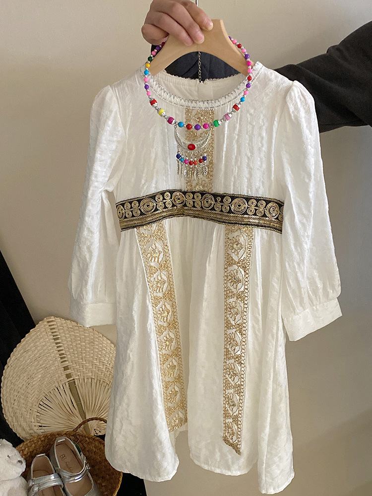 キッズファッション 民族調刺繍ベスト付き長袖ワンピースドレス