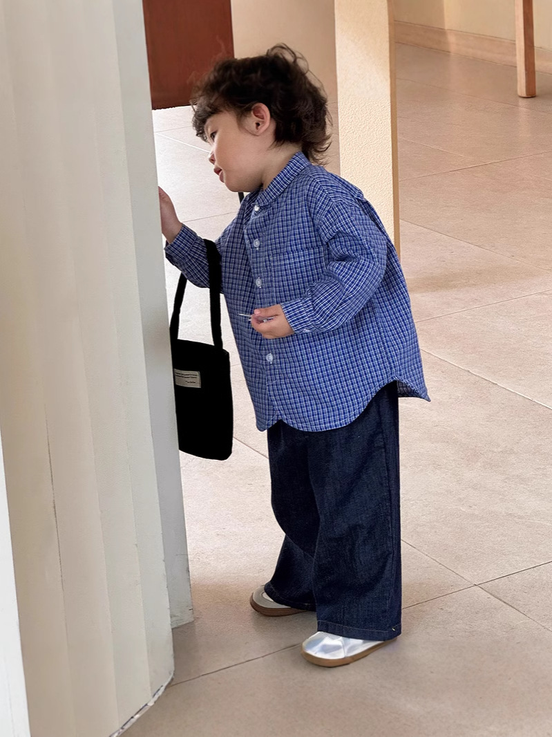 キッズファッション ナチュラル小紋チェック柄バンドカラー長袖シャツ