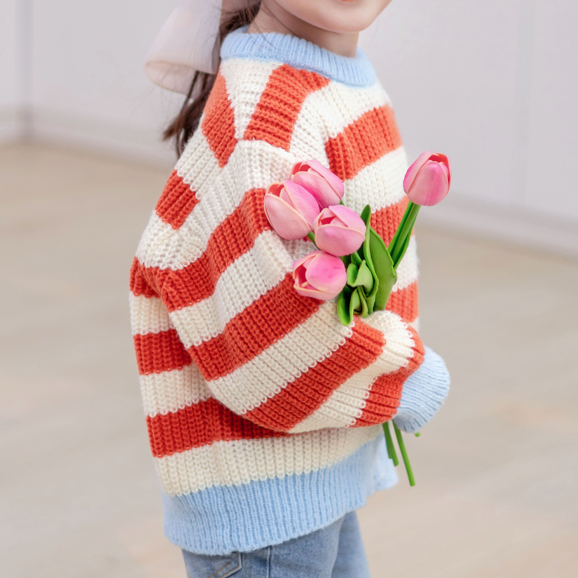 キッズファッション 太ボーダー柄ゆったりクルーネックニットセーター