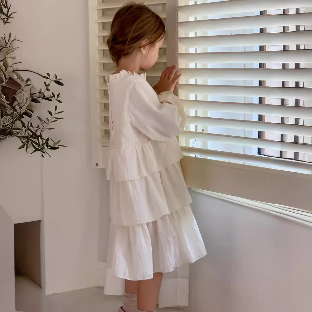 キッズファッション ふわふわ多層フリル長袖ワンピース