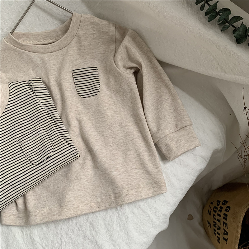 キッズファッション ナチュラル細ボーダー長袖綿Tシャツ