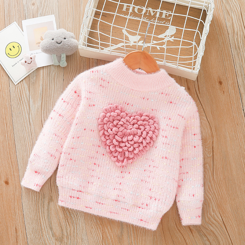 キッズファッション ふわふわハート立体編み込み長袖セーター