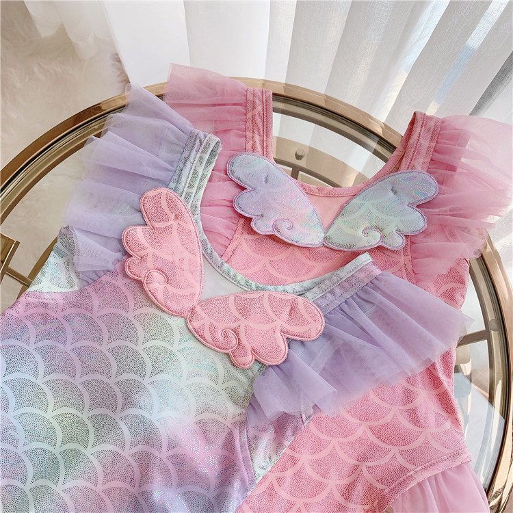 キッズファッション 人魚姫風チュール袖付き女の子用水着セット