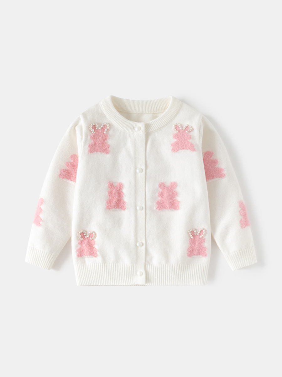 キッズファッション ウサギ刺繍パール付き丸襟ニットカーディガン