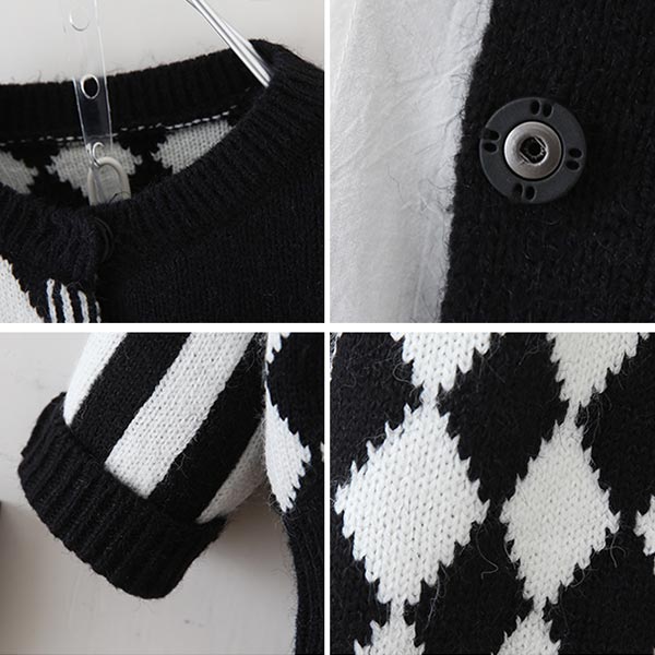 キッズファッション 子供用ニット黒白幾何学模様カーディガン