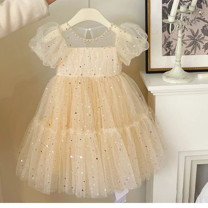 キッズファッション 星空きらめくパフスリーブチュールドレス